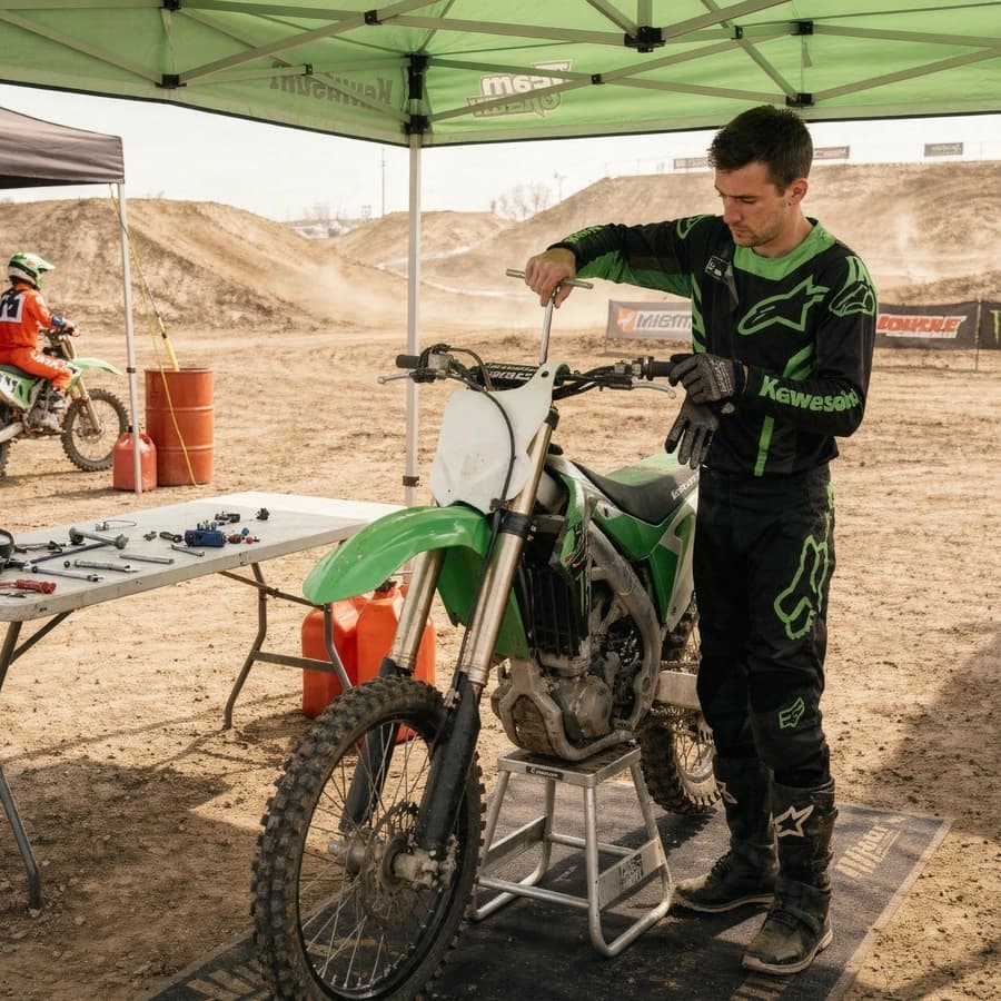 A rider working on a bike in the pits